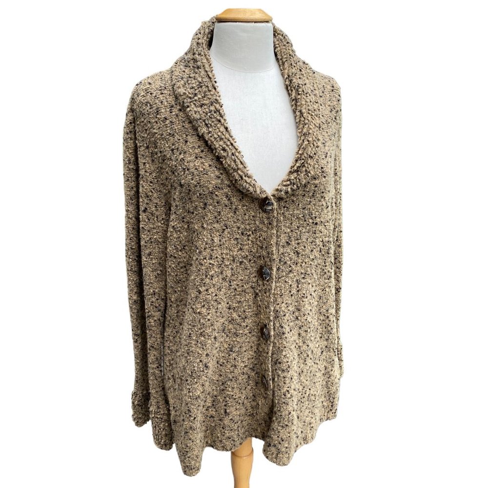 Clorinda Italy Wool Blend Cardigan Tan Black Boucle Bell Sleeve Neutral Long-XL